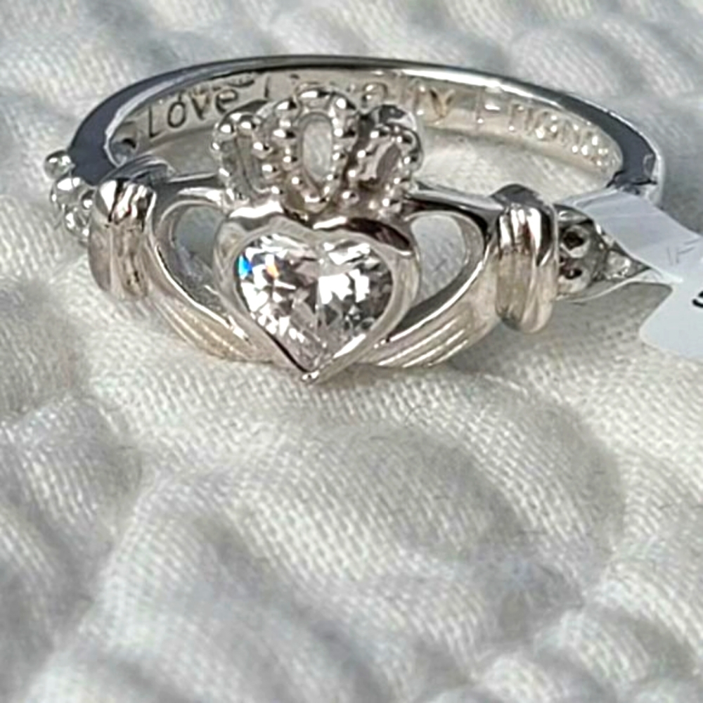 Sz 5 Womens April Birthstone Claddagh Shan Ore 925 Silver Ring Irish Clear CZ